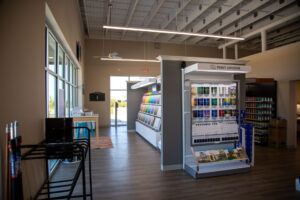 Interior product shelves in the Sherwin Williams project